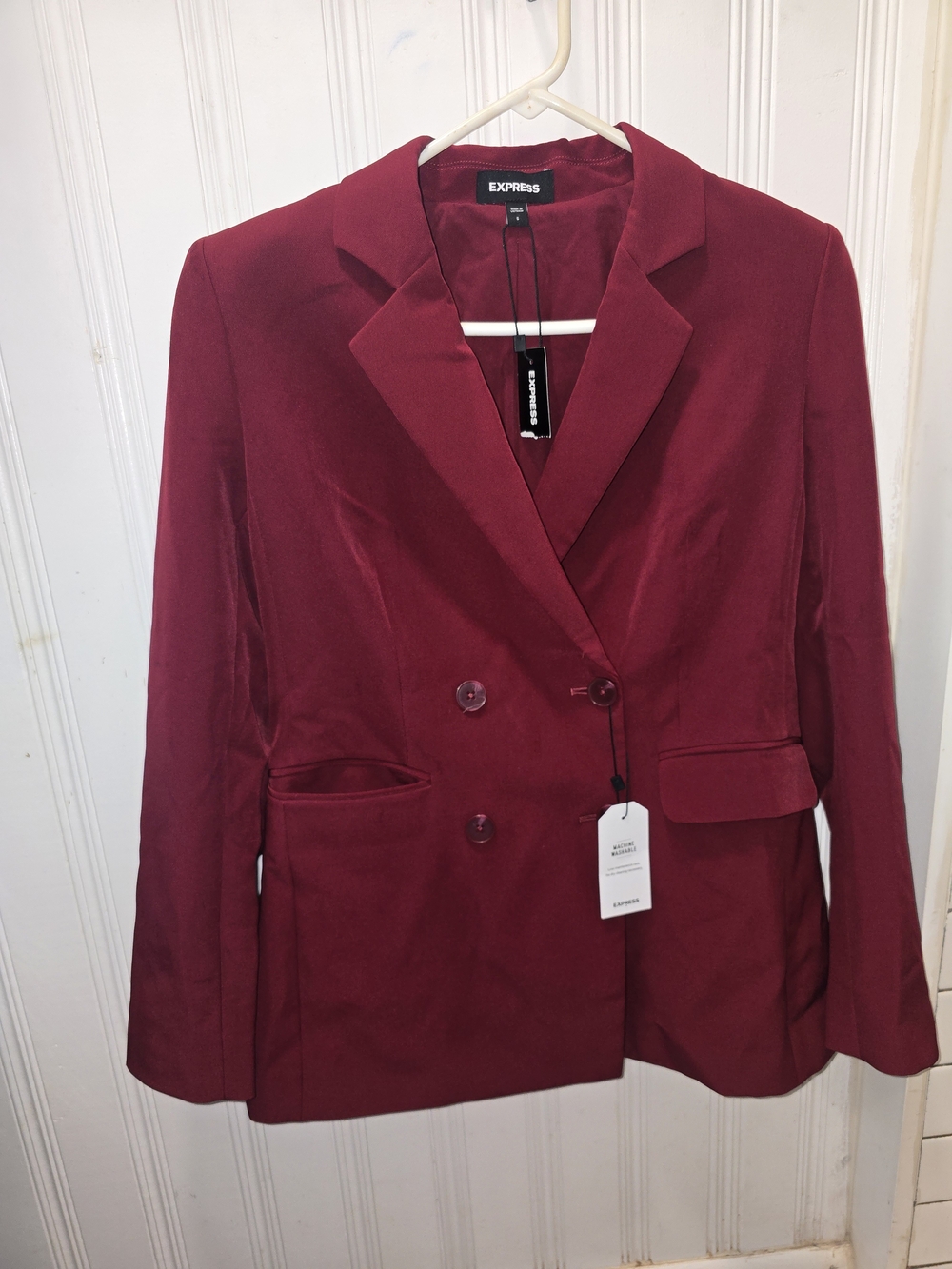 Express Women's Burgundy Double-Breasted Blazer With Shoulder Pads
